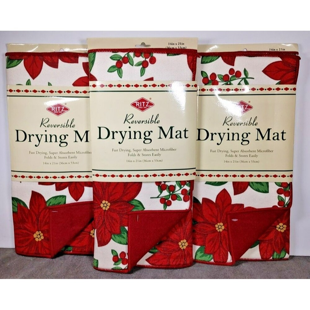3 Ct RITZ Reversible Dish Drying Mat 14" X 21" Poinsetta Berries Holiday